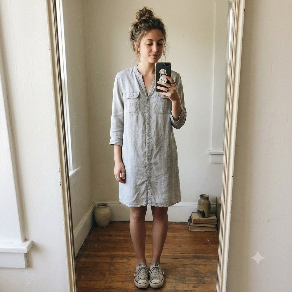 Malvin Womens Shirt Dress Large Gray Linen Button‎ Up Roll Tab Coastal Lagenlook
